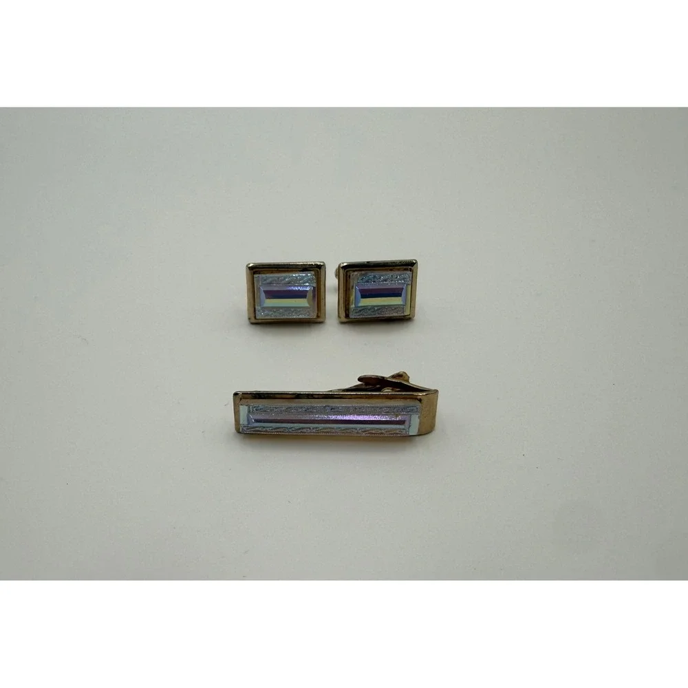 Vintage Mens Gold Tone Aurora Borealis Iridescent Cufflinks and Tie Bar Set
